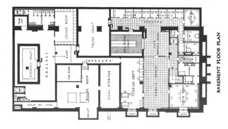 Basement floor plan, Second National Bank, southeast corner of Peach Street and West 9th Street, Erie, Pennsylvania. Built 1922, later demolished.