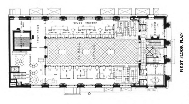 First floor plan, Second National Bank, southeast corner of Peach Street and West 9th Street, Erie, Pennsylvania. Built 1922, later demolished.