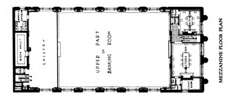 Mezzanine floor plan, Second National Bank, southeast corner of Peach Street and West 9th Street, Erie, Pennsylvania. Built 1922, later demolished.