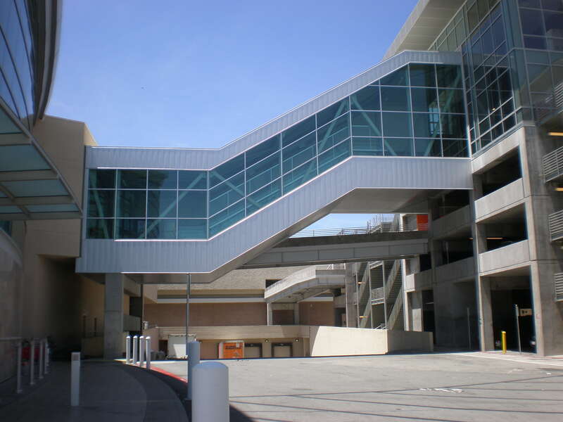 A pedestrian bridge connecting The Shops at Tanforan mall to the Century Theatre next door in San Bruno, California.