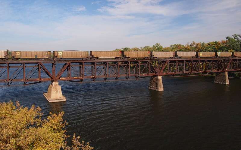 St. Cloud Rail Bridge over the Mississippi River, St Cloud, Minnesota, USA.  Viewed from the south.