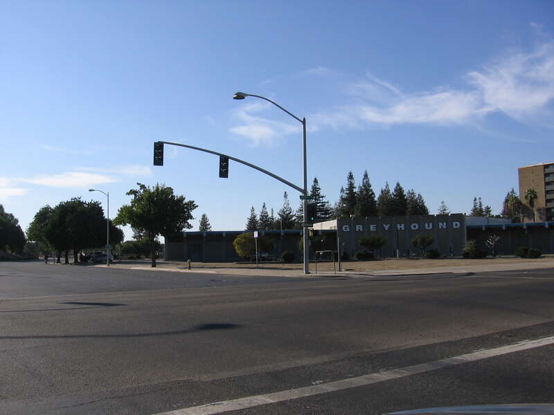 The Greyhound Lines Station in Stockton, California, USA as seen from Washington Street looking northwest.