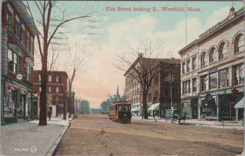 Divided back postcard of a Springfield Street Railway streetcar on Elm Street in Westfield, Massachusetts, postmarked 1920