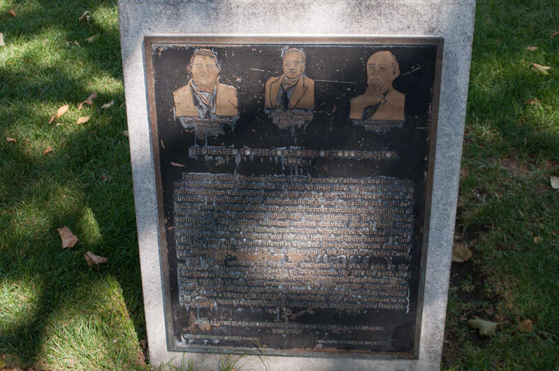 This plaque, located on Todos Santos Plaza that is the focal point of central Concord, explains the city's history.
The city was founded in 1869 by these three men who are the &quot;Todos Santos&quot; - Don Salvio Pacheco, his son Don Fernando Pacheco, and