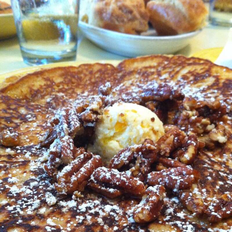 Tupelo Honey Cafe, Asheville NC June 2012 - Sweet potato pancakes with peach butter &amp;amp; toasted spicy pecans @tupelohoneycafe.