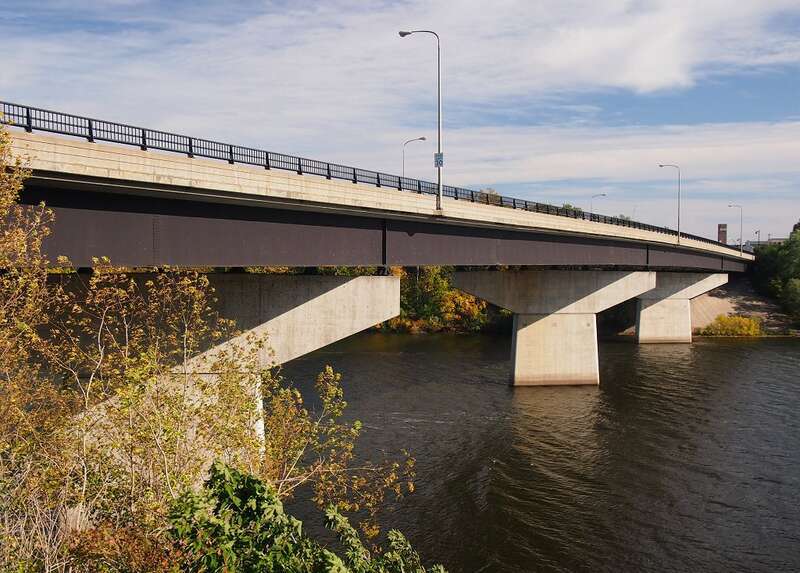 Veterans Bridge carrying 1st Street North/St Germaine Street East over the Mississippi River, St Cloud, Minnesota, USA.  Viewed from the southwest.
