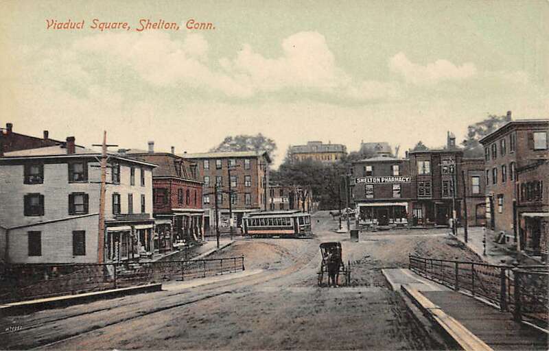 Divided back postcard of Viaduct Square in Shelton, Connecticut