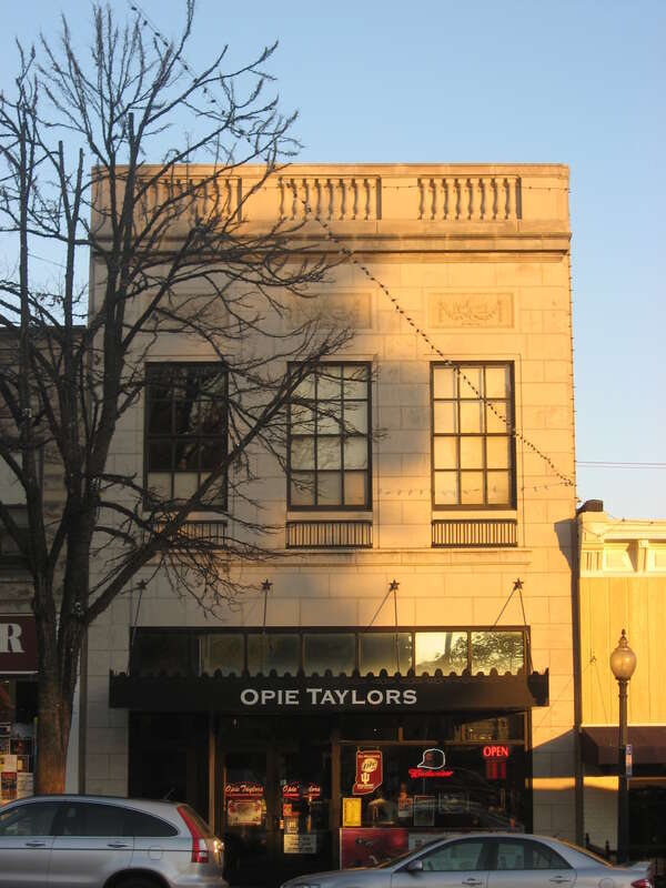 Front of Opie Taylors, located at 110 N. Walnut Street in downtown Bloomington, Indiana, United States.  Built in 1928, it is part of the Courthouse Square Historic District, a historic district that is listed on the National Register of Historic