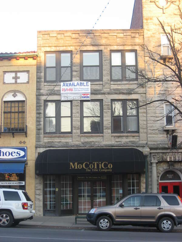 Front of the Wylie Building, located at 118 N. Walnut Street in downtown Bloomington, Indiana, United States.  Built in 1902, it is part of the Courthouse Square Historic District, a historic district that is listed on the National Register of