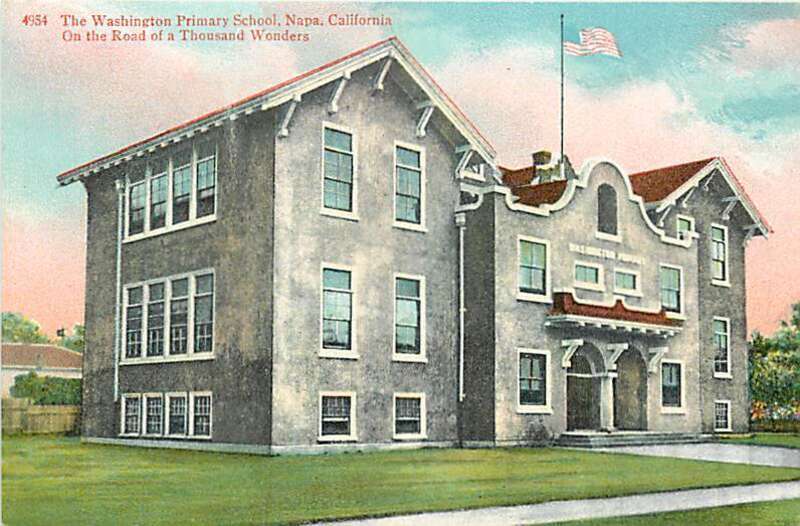 A tinted postcard of Washington Primary School published by the Cardinell-Vincent Company of San Francisco soon after the school opened in 1909.  The text on the card reads, &quot;4954 The Washington Primary School, Napa, California - On the Road of a