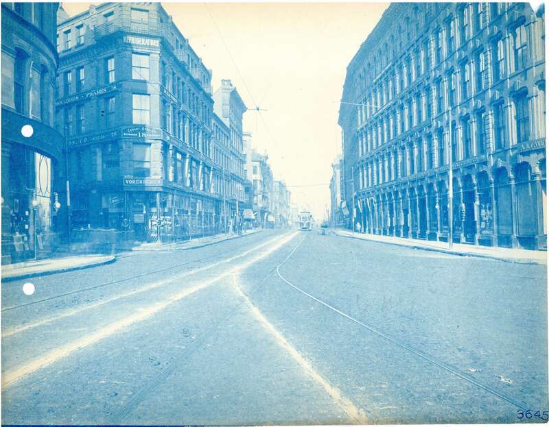 Looking north on Washington Street at Elm Street in Boston around 1900. All of these buildings were demolished for the construction of Boston City Hall.