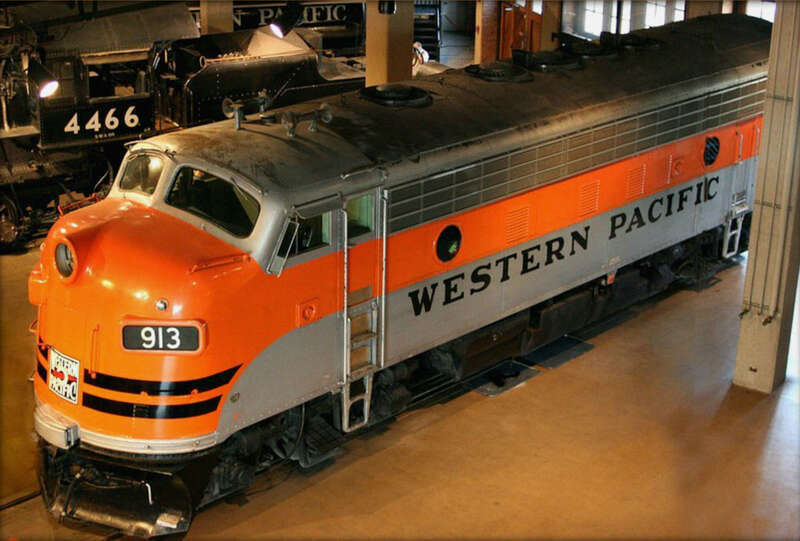 Western Pacific #913, an EMD F7 locomotive on display at the California State Railroad Museum in Sacramento, California.
One of the more well-known aspects of the Western Pacific was its operation of the California Zephyr passenger train, in
