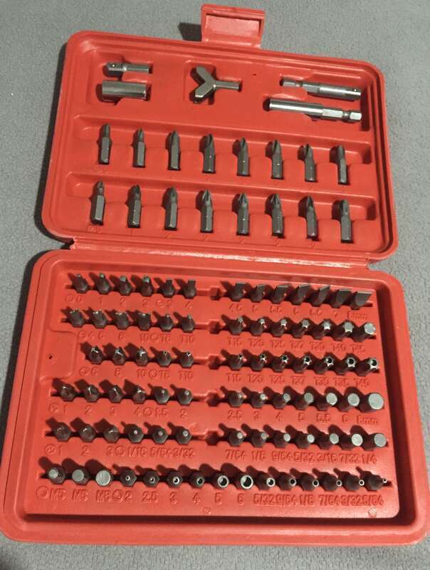 Set of 100 uncommon bits.  Includes bits for hex, hollow hex, pozi, torx, hollow-tip torx, square, spline fastener, and phillips. ;Other information:

Manufactured by Warrior (Item 62657).  Distributed by Harbor Freight Tools, Camarillo, CA.  UPC: 7