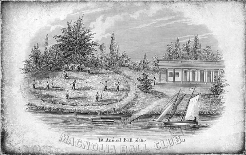 Ticket to the &quot;1st Annual Ball of the Magnolia Ball Club&quot;. Engraving features the Colonnade Hotel at the Elysian Fields and a group of men playing baseball.