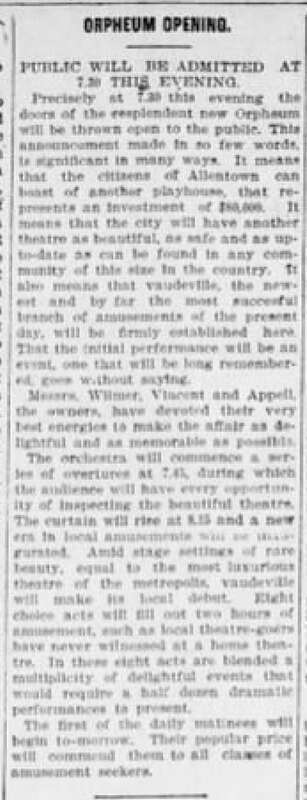 Orpheum Theater Article Allentown PA