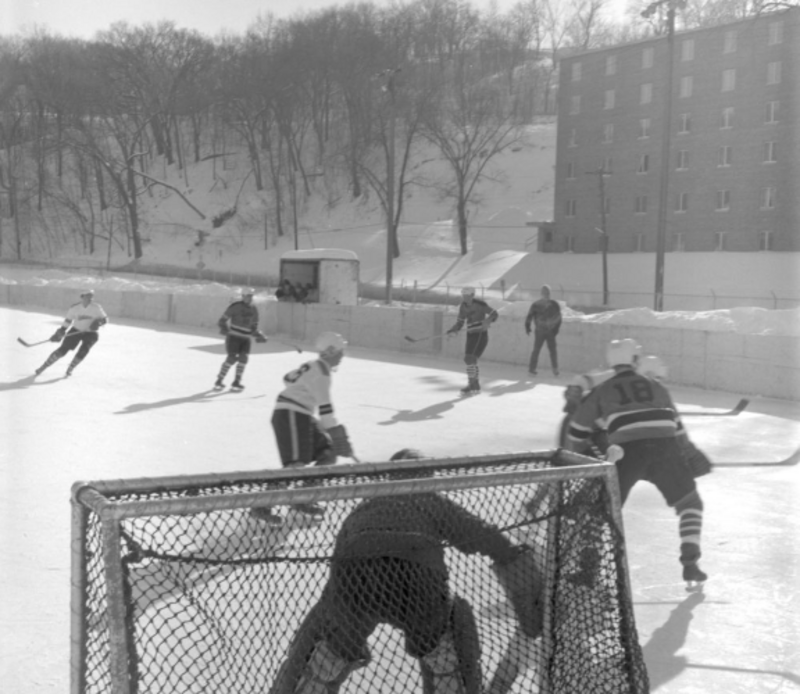 A 1969 extramural hockey game between the MSC Indians and another unidentified team.