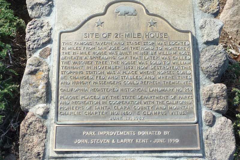 Detail of bronze interpretive plaques at site of 21-Mile House, at intersection of Monterey Street and Tennant Avenue in Morgan Hill, Santa Clara County, California, U.S.A.