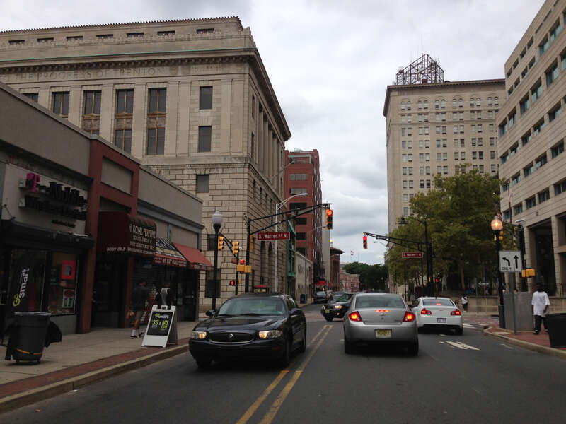 View west along East State Street near Warren Street in Trenton, New Jersey