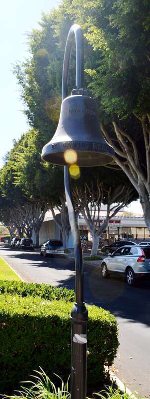 El Camino Real bell on the corner of El Camino Real and El Camino Way - Old Town Tustin, Tustin, Orange County, California.