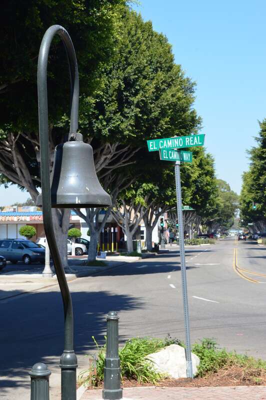El Camino Real bell on the corner of El Camino Real and El Camino Way - Old Town Tustin, Tustin, Orange County, California.