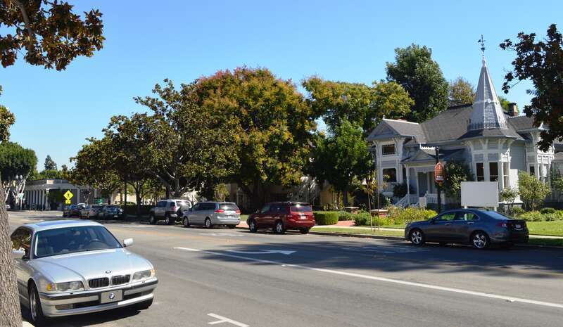 Artz Building (now a restaurant), 150-158 W. Main St. (far left) and Sherman Stevens House, 228 W. Main St. (right) - Old Town Tustin, Tustin, California