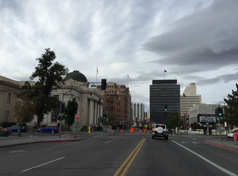 View north along Virginia Street (U.S. Route 395 Business) at Court Street and State Street near the Washoe County Courthouse in Reno, Nevada