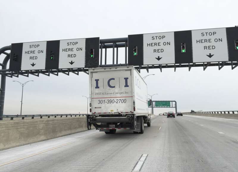 Traffic lights just ahead of the drawbridge on the Woodrow Wilson Bridge (northbound Interstate 95 and the eastbound outer loop of the Capital Beltway (Interstate 495)) in Alexandria, Virginia