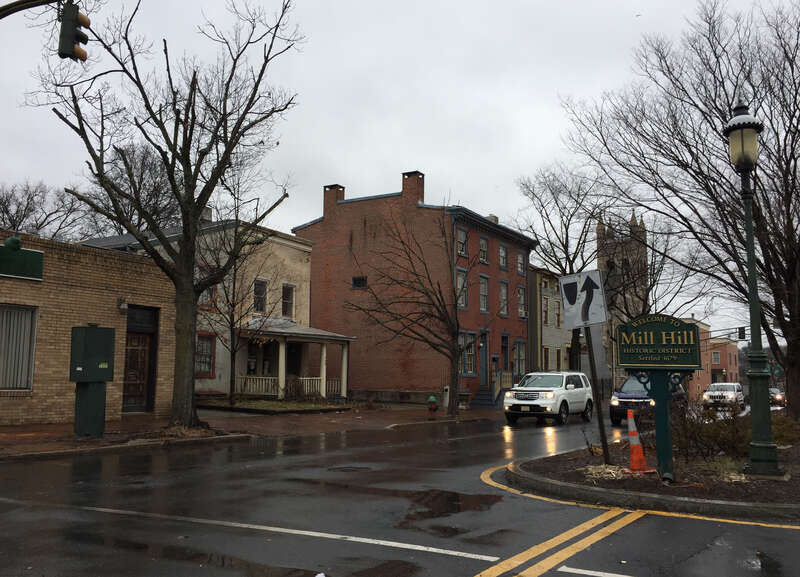 Sign for the Mill Hill historic district along eastbound Market Street at the intersection with Jackson Street in the Mill Hill section of Trenton, New Jersey