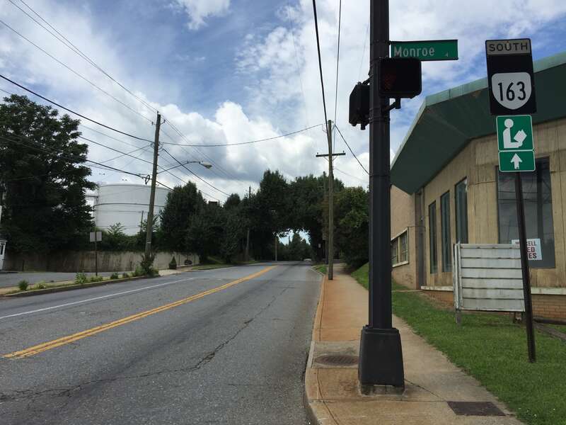 View south along Virginia State Route 163 (Fifth Street) at Monroe Street in Lynchburg, Virginia