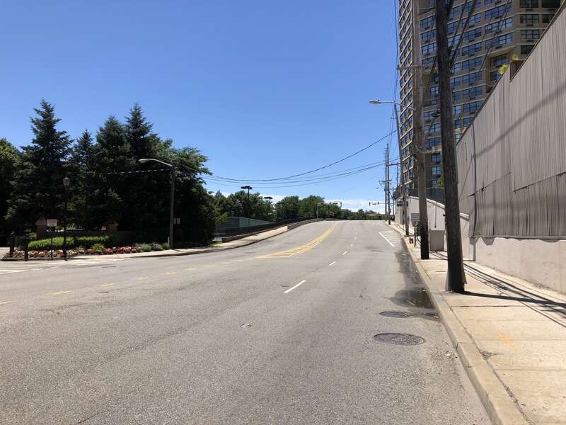 View south along Hudson County Route 505 (River Road) at Lydia Drive in Guttenberg, Hudson County, New Jersey