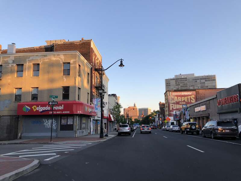 View east along Essex County Route 506 Spur (Broadway) at Clark Street in Newark, Essex County, New Jersey
