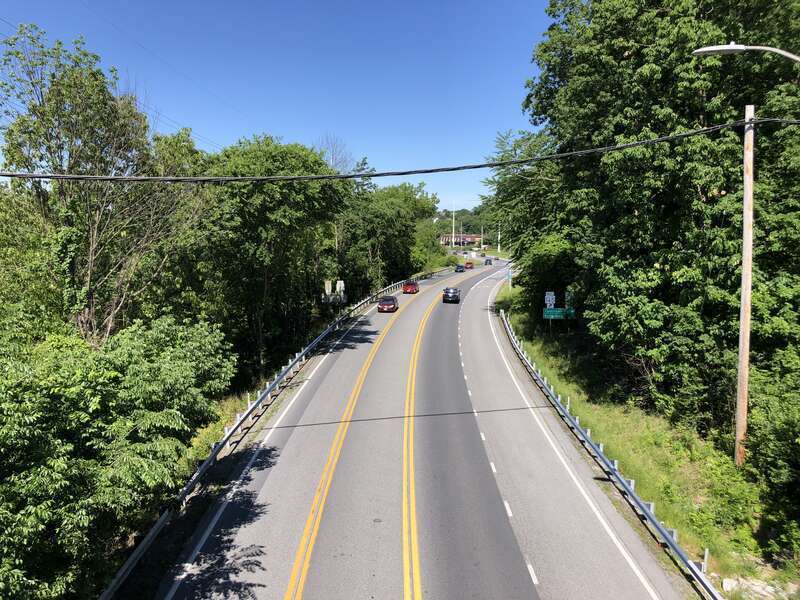 View north along Maryland State Route 27 (Manchester Road) from the overpass for Maryland State Route 97 and Maryland State Route 140 (Baltimore Boulevard) in Cranberry Station, Carroll County, Maryland