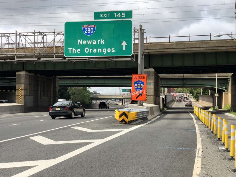 View south along New Jersey State Route 444 (Garden State Parkway) at Exit 145 (Interstate 280, Essex County Route 508, Newark, The Oranges) in East Orange, Essex County, New Jersey