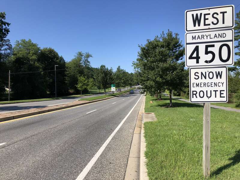 View west along Maryland State Route 450 (Annapolis Road) just west of Millstream Drive/Stonybrook Drive in Bowie, Prince George's County, Maryland