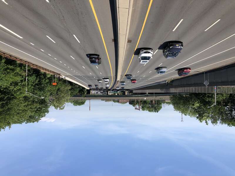 View north along New Jersey State Route 444 (Garden State Parkway) from the overpass for Freeway Drive East in East Orange, Essex County, New Jersey