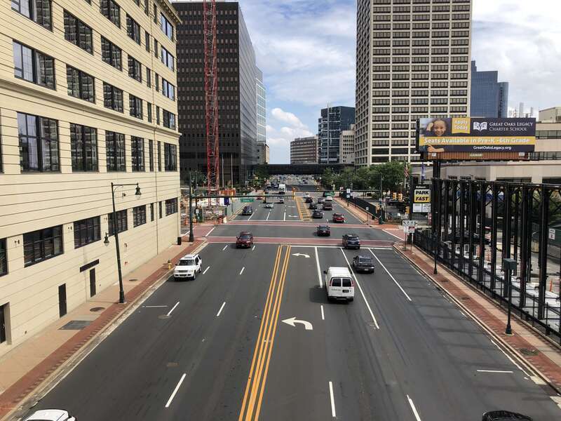 View north along New Jersey State Route 21 (McCarter Highway) from the pedestrian overpass between Lafayette Street and Edison Place in Newark, Essex County, New Jersey