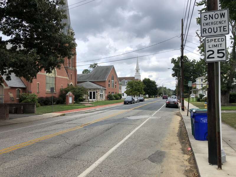 View east along Maryland State Route 7 (Main Street) at South Street in Elkton, Cecil County, Maryland
