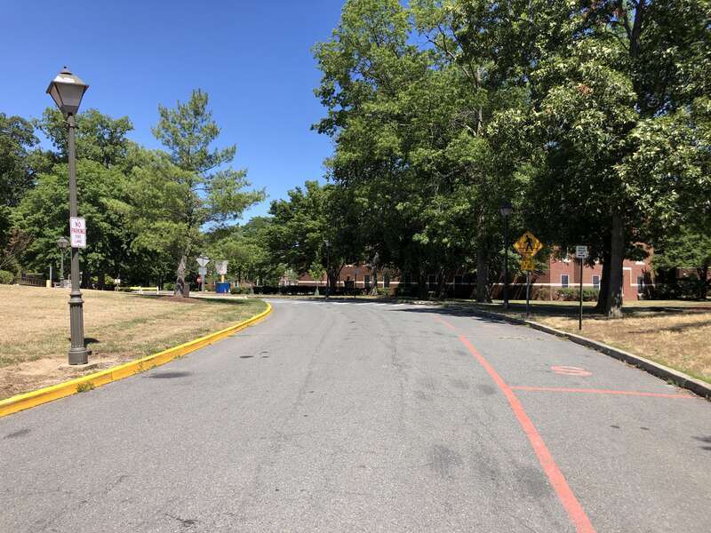 View northeast at the southwest end of D Street on the campus of the College of New Jersey in Ewing Township, Mercer County, New Jersey