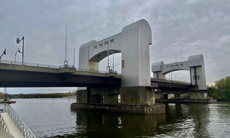 The Green Island Bridge, as seen from the Downtown Marina in Troy, New York on a May 2022 evening. Chronologically the fourth crossing the Hudson River at this spot, this $23 million vertical lift bridge was opened to traffic in 1981 to replace a