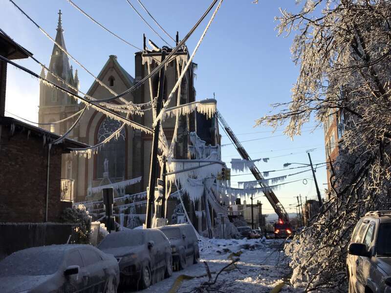 Looking west on 14th Street from near the corner of Central Avenue in Union City, New Jersey, in the late afternoon of March 4, 2017. Pictured is the remains of SS. Joseph and Michael Parish Church, to which a fire that started around 1am EST at 1404