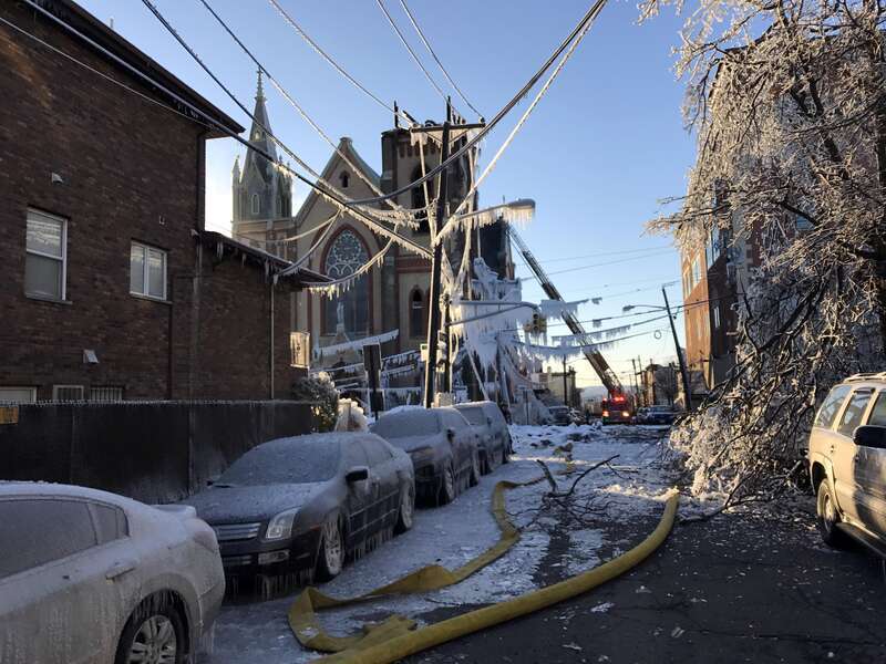 Looking west on 14th Street from near the corner of Central Avenue in Union City, New Jersey, in the late afternoon of March 4, 2017. Pictured is the remains of SS. Joseph and Michael Parish Church, to which a fire that started around 1am EST at 1404