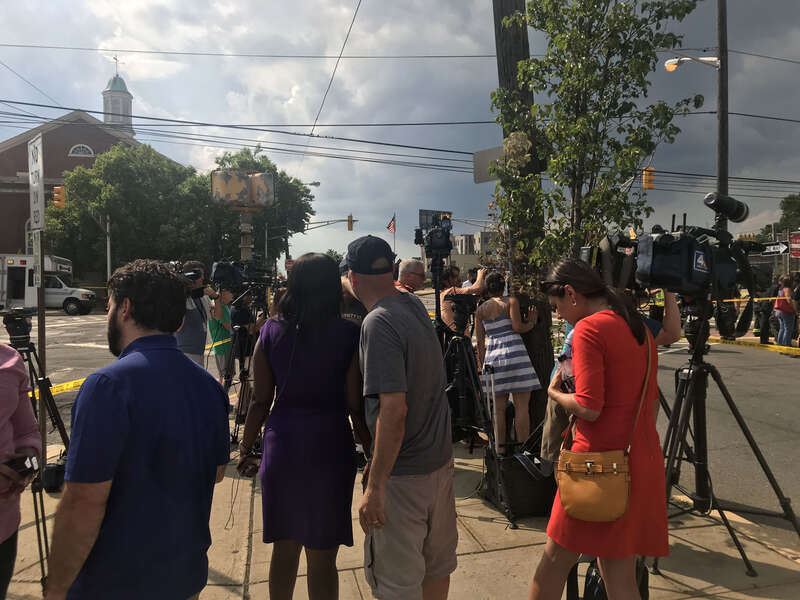 Scene of a July 3, 2019 vehicular accident at 30th Street and Palisade Avenue in Union City, New Jersey, where just before 1pm EST, an orange Union City Department of Public Works garbage truck careened across two sidewalks, knocking down a utility