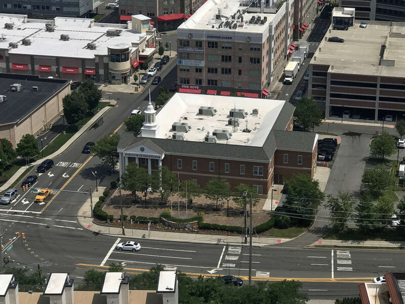 Edgewater Borough Hall on River Road in Edgewater, New Jersey, as photographed from the tenth floor rooftop deck of Hudson View Rehab and Care in North Bergen on July 30, 2021. 


This photo was created by Luigi Novi. It is not in the public domain,