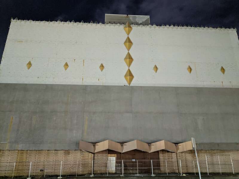 Abundant Life Building at night, front side, Tulsa, OK