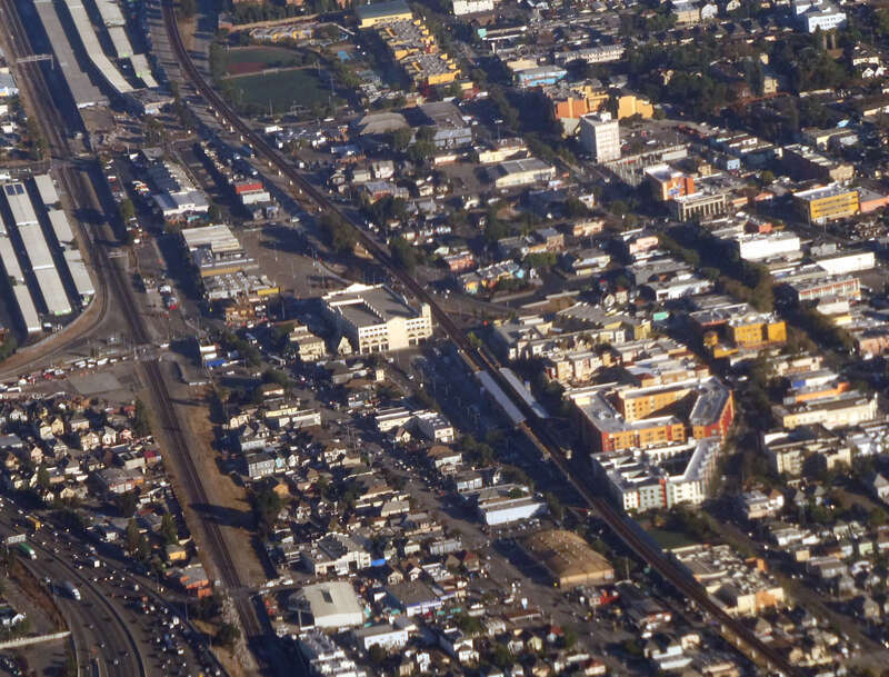 Aerial view of the area around Fruitvale station in September 2024