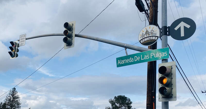 Alameda de las Pulgas road sign (at intersection with Jefferson Ave)