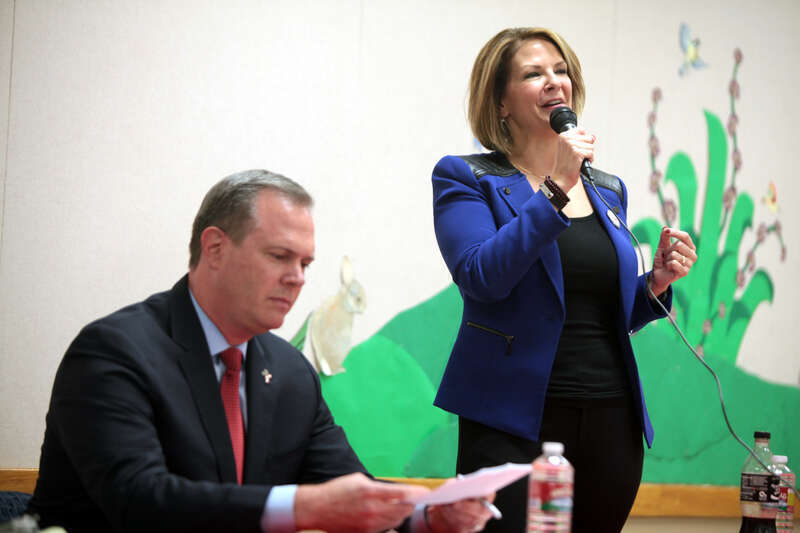 Alex Meluskey and former State Senator Kelli Ward speaking at a U.S. Senate Republican primary candidate forum hosted by the Tempe Republican Women at the Pyle Recreation Center in Tempe, Arizona.

Please attribute to Gage Skidmore if used elsewhere.