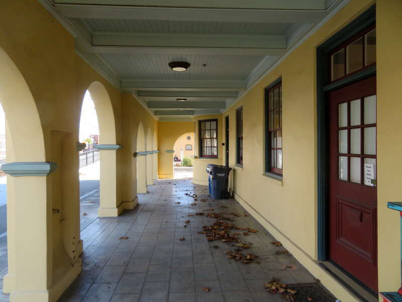 The trackside arcade of the former Petaluma station in December 2019