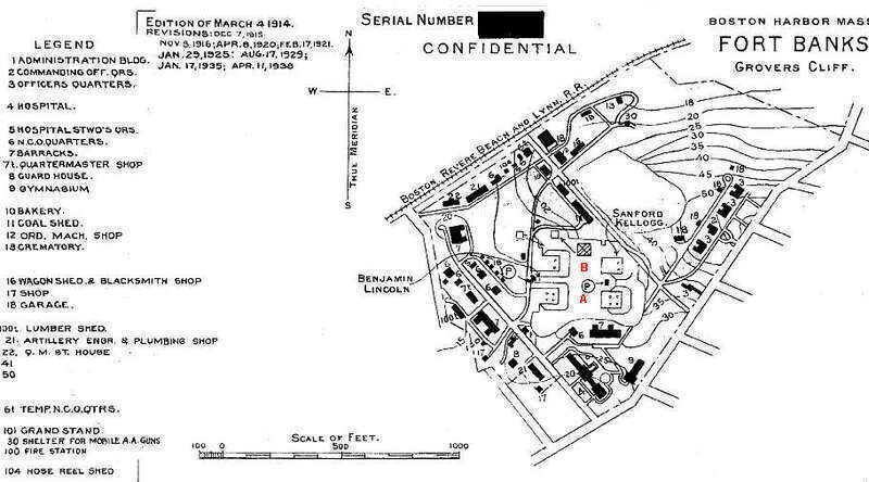 1938 map of Ft. Banks shows the four mortar pits of Batteries Lincoln(on the west) and Kellogg (on the east) at the center of the map. The two northerly &quot;B&quot; pits (see red labels) each (by 1938) contained two mortars, while the southerly &quot;A&quot; pits