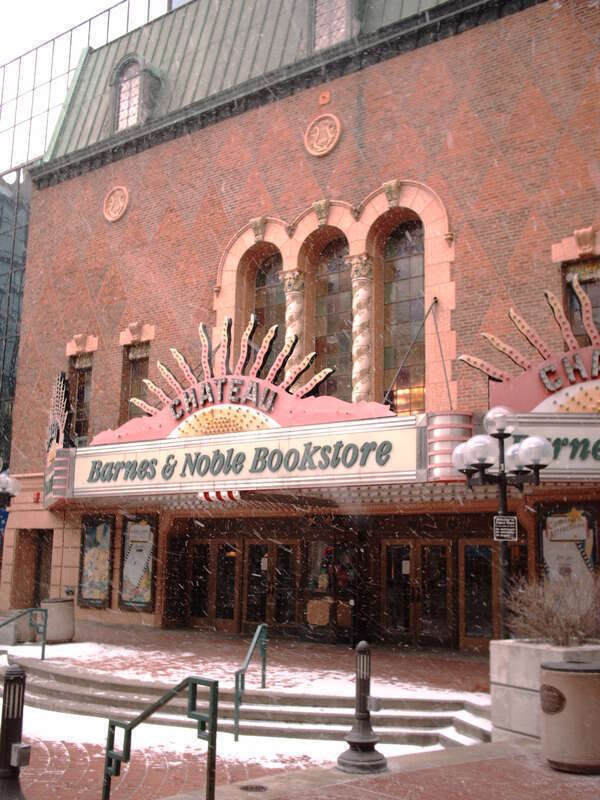 View from the southeast of the old Chateau Theatre, now a Barnes &amp;amp; Noble bookstore, in Rochester, Minnesota, with snow falling